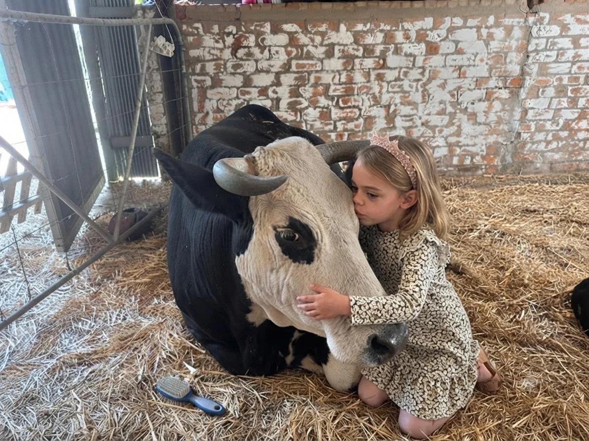 Girl hugging Nguni bull at Lat Wai